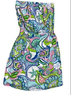 Lilly Pulitzer Strapless Dress S Blue Pink Green Print Pima Cotton Mini